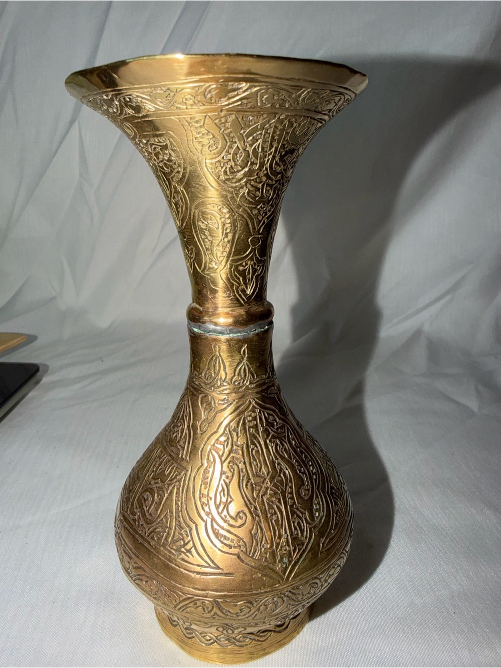 Vintage Etched Brass Trumpet Vase – Middle Eastern Floral & Calligraphy Style - Picture 3 of 9